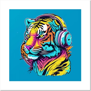 t-shirt design, colorful tiger with headphones on, graffiti art Posters and Art